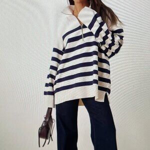 Free People Womens Striped Turtleneck Sweater Large White & Navy Polyester/Nylon